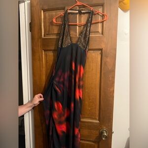 White Fox Boutique Black Maxi Dress with Red Floral Accents